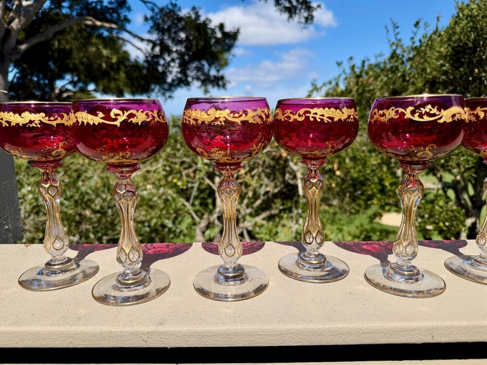 Saint Louis Massenet Ruby Red Gold Crystal Wine Glasses Set of 6 France Glam